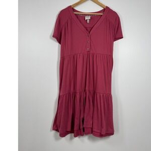 Knox Rose Tiered Babydoll Dress Women Large Pink V-Neck Short Sleeve Boho Mini